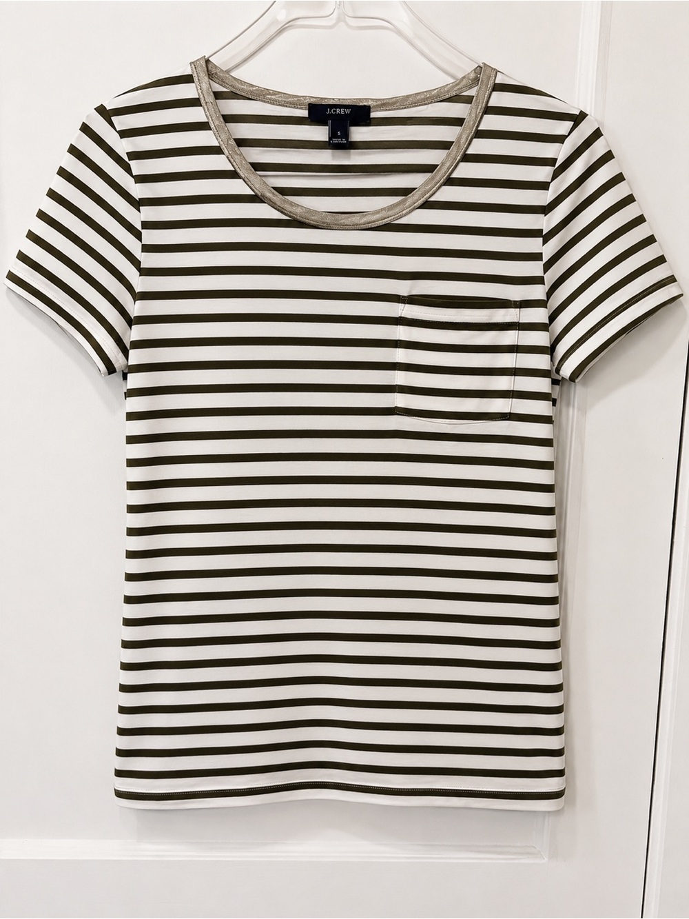 J.Crew Olive & White Striped Short Sleeve Pocket Tee
